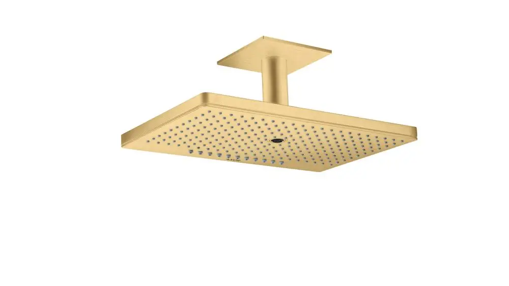 Kopfbrause mit Deckenanschluss in Mattgold von AXOR, rechteckig mit unterschiedlichen Düseneinstellungen für Wasserstrahlen.